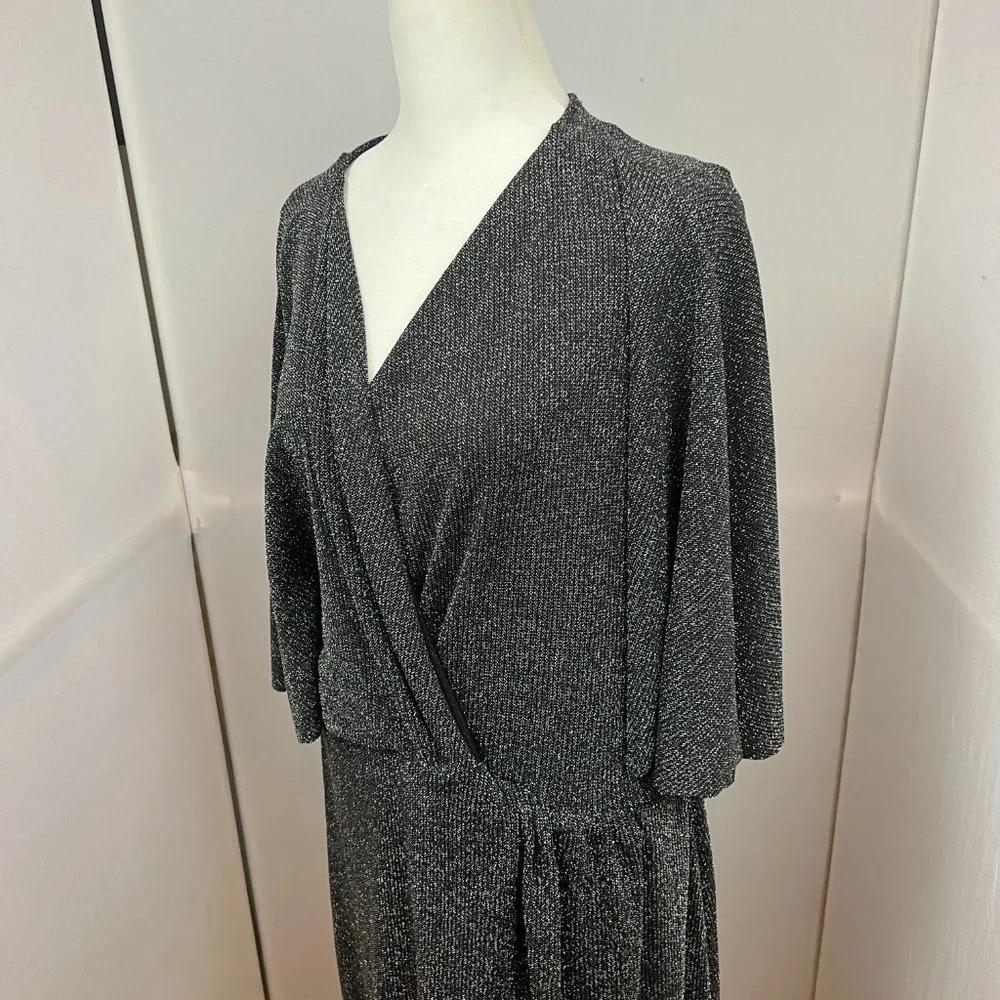 Umgee Shimmer Silver Tinsel Knot Faux Wrap Midi Party Dress SZ‎ 1XL